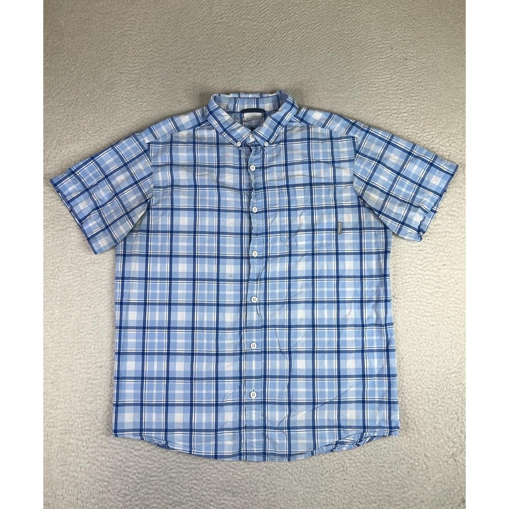 Columbia Mens Large Blue Plaid Button Up Shortโ Sleeve Cotton Shirt AM9132